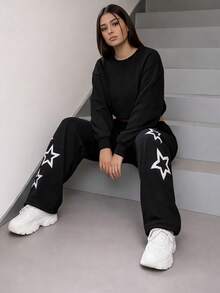 Unisex Wide Leg Sweatpants, Streetwear Style, Loose Fit, Flannel Lined, With Star Print, Stylish - 黑色 - 查看 3