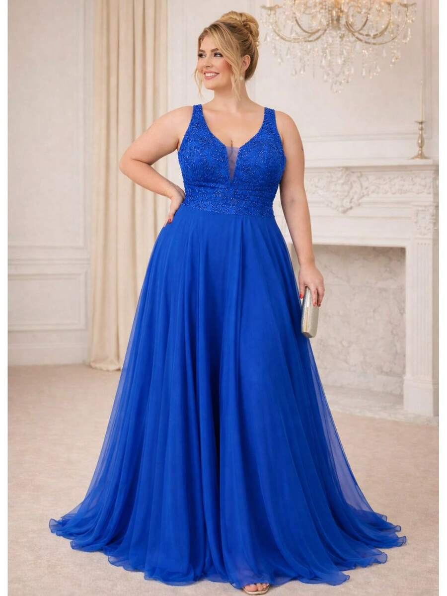 Plus Size Bridesmaid Dress For Curvy Women, With A Bow At The Waist. - 寶藍色 - 查看 1