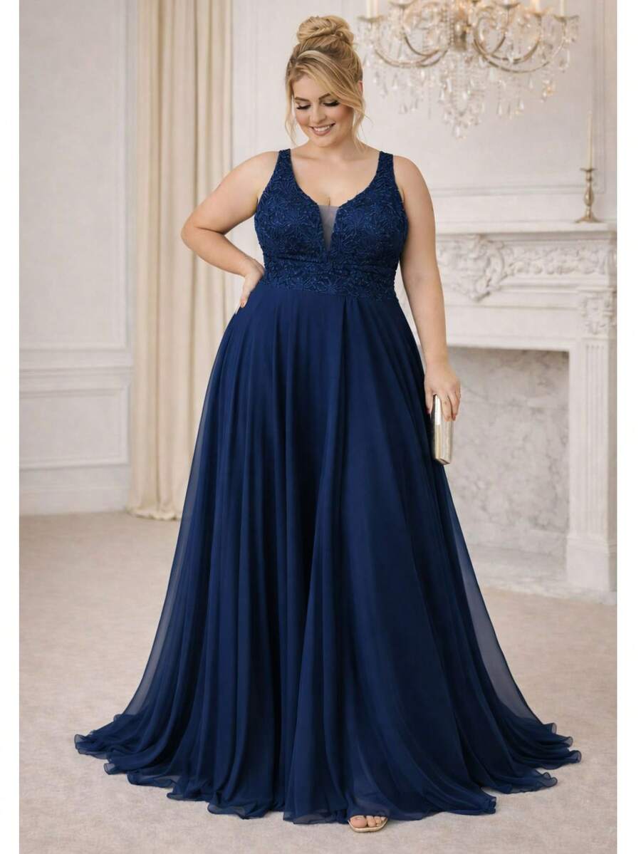 Plus Size Bridesmaid Dress For Curvy Women, With A Bow At The Waist. - 藏蓝色 - 查看 1