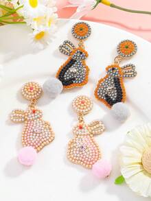 2Pairs Handmade Easter Bunny Seed Bead Dangle Earrings Set For Women, Glittery Rhinestone Grey-Orange & Pink-White Rabbit Drop Earrings With Pom Pom, Daily Party Vacation Easter Gift - Multicolor - View 8