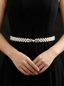 Women's Rhinestone Pearl Waist Chain Flower Buckle Belt Elegant Dress Decoration For Wedding And Party - C - 查看 5