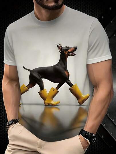 圣诞节3D数码印花杜宾犬黄色雨靴男士灰色T恤，可爱宠物主题休闲运动男士圆领短袖T恤，适合日常穿着，100%涤纶，完美的男士节日礼物