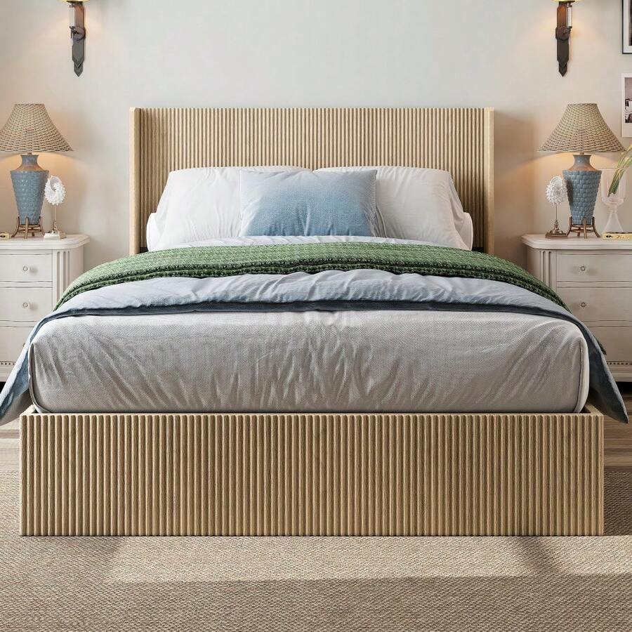 Large Grooved Undulating Lift Storage Bed Frame, Wooden Platform Bed Frame With Lift Storage, No Spring Box Required/No Noise, Rustic Brown Slatted Natural Wood(
King) - Oak color - 查看 1