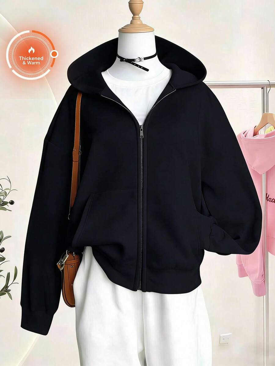 春夏秋季女款純棉拉鍊連帽衫,休閒寬鬆Y2K街頭風連帽衛衣,多功能長袖外套,適合日常居家穿著,柔軟透氣舒適。 - 黑色 - 查看 1