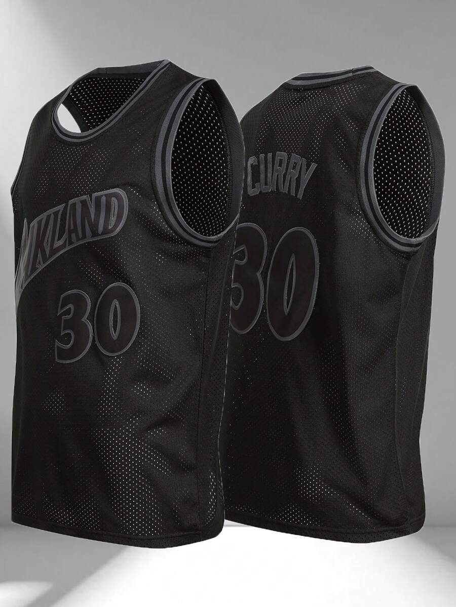 男士篮球刺绣无袖V领T恤，休闲派对运动上衣，黑色 #30 - 黑色 - 查看 1