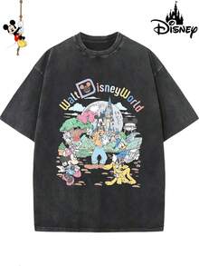 [Authorized By Disney] Family Photo Printing Of Disneyland, Genuine Authorization 1 Fashion Cartoon Short Sleeve Design, Cartoon Short Sleeve, Men's Cotton Washed T-Shirt. Soft And Breathable, It Can Be Used As A Gift For Disney Lovers. - 黑色 - 查看 1