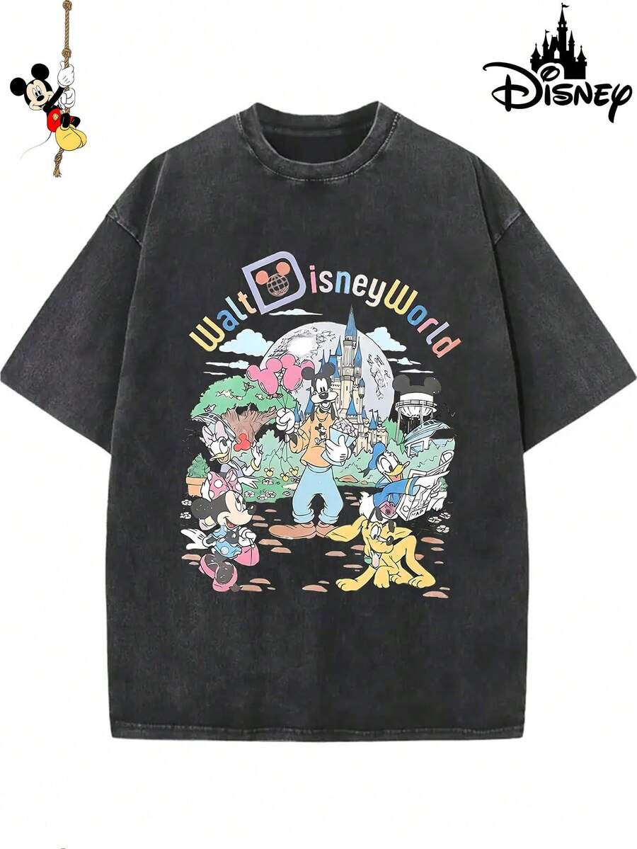 [Authorized By Disney] Family Photo Printing Of Disneyland, Genuine Authorization 1 Fashion Cartoon Short Sleeve Design, Cartoon Short Sleeve, Men's Cotton Washed T-Shirt. Soft And Breathable, It Can Be Used As A Gift For Disney Lovers. - 黑色 - 查看 1