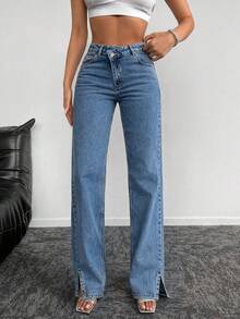 High Stretch Straight Leg Jeans, Women's Split Hem Jeans, Elastic Waist Casual Street Style Pants Spring - Blue - View 6