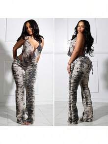 Fashion Zebra Pattern Women's Clothing Loose Wide-Leg Pants Set Backless Lace-Up Black And White Color Matching Two-Piece Set - 黑與白 - 查看 3