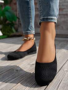 圆头女士平底鞋，针织休闲鞋，夏季透气芭蕾舞鞋，妈妈款套脚乐福鞋，百搭平底鞋，颜色包括黑色、白色、橄榄绿、米色、天蓝色、浅蓝色、卡其色、浅棕色、藏青色、黄色，适合春秋季穿着，大码可选，网面休闲运动鞋，步行鞋，纯色套脚鞋 - 1923-1黑色 - 查看 3