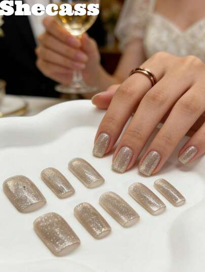 10片方形手工美甲贴片，Y2K 坏女孩风格，粉金色，适合情人节派对和音乐节，适合女性和女孩，包含工具，是送给男士指甲的绝佳礼物