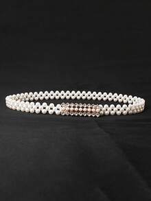 Women's Rhinestone Pearl Waist Chain Flower Buckle Belt Elegant Dress Decoration For Wedding And Party - B - View 1