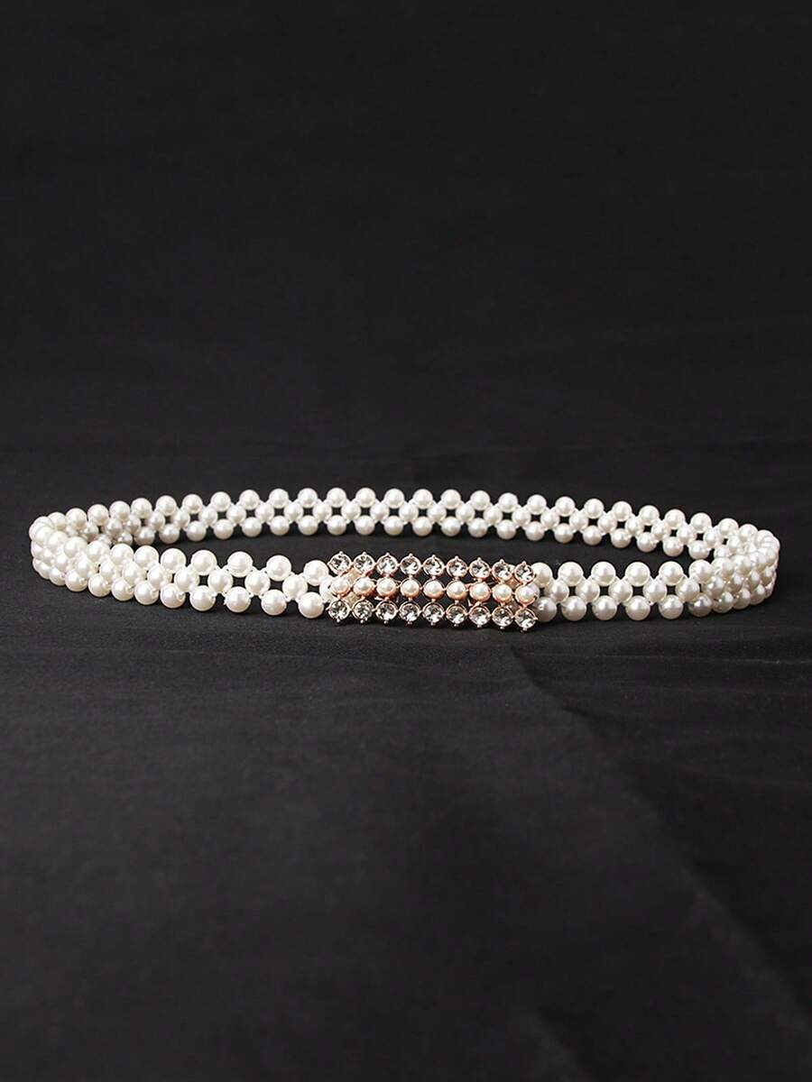Women's Rhinestone Pearl Waist Chain Flower Buckle Belt Elegant Dress Decoration For Wedding And Party - B - View 1