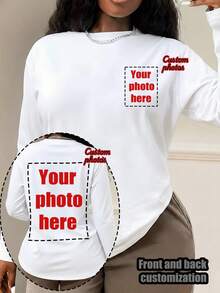 Plus-Size Women's Solid Color Crew Neck Casual Long-Sleeved T-Shirt, Perfect For Spring Wear - Customizable On The Front, Back, And Both Sides. Add Your Own Photos (Family Photos/Selfies/Pet Photos) To Design Your Personalized Printed Pullover. White - White - View 1