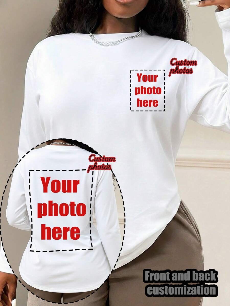 Plus-Size Women's Solid Color Crew Neck Casual Long-Sleeved T-Shirt, Perfect For Spring Wear - Customizable On The Front, Back, And Both Sides. Add Your Own Photos (Family Photos/Selfies/Pet Photos) To Design Your Personalized Printed Pullover. White - White - View 1