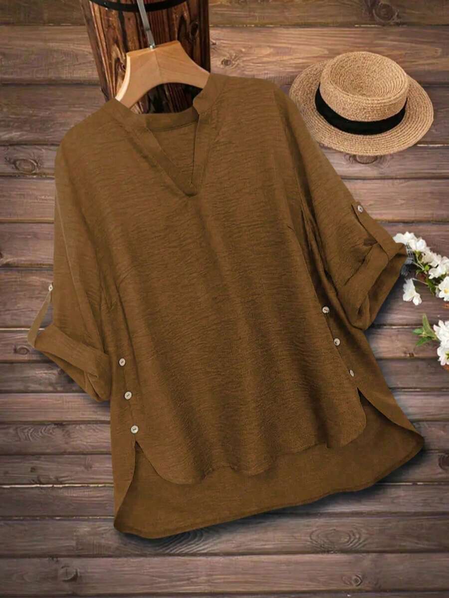 Camisa informal de talla grande con botones decorativos y cuello de solapa, para primavera