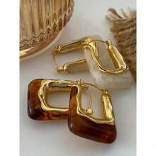 2Pcs Elegant Vintage U-Shaped Hoop Earrings With Golden-Tone Finish & Resin Inlay – Stylish Everyday Accessory For Women, Perfect Gift - 棕色 - 查看 1