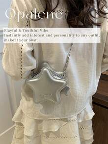 New Fashion, Classic, Cute Solid Color PU Waterproof Fabric, Letter Pattern Decoration Design, Star-Shaped Special-Shaped Bag, Metal Chain Crossbody Bag, Mini Crossbody Bag With Star Pattern, PU Material With Zipper Closure And Chain Strap, Suitable For Small Households To Carry Crossbody When Shopping - Nhiều màu - Xem 8