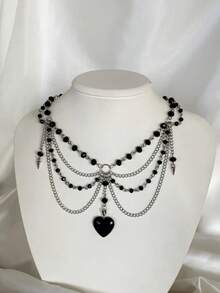 rundraw 1件手工仿黑曜石串珠流苏心形几何链条项链，优雅哥特式金属多层项链，适合女性佩戴，可用于舞会、晚宴、派对、日常佩戴，是节日和周年纪念日送给朋友和爱人的最佳礼物。 - 彩色 - 查看 13