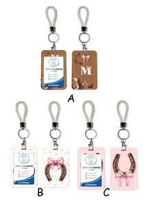 1pc ABS Bow & Horseshoe Pattern Fashion Personalized Cartoon Pull-Push Card Clip Keychain Bag Pendant, Student Wristband Card Clip, Women Student Card Clip, ID Bus Protection Case, Student Campus Card Protection Case - Rectangle - View 1