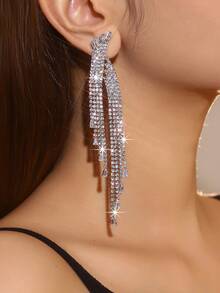 1对多层长流苏几何水晶锆石全镶耳环，时尚水钻耳环，适合搭配晚礼服，日常佩戴闪亮耳环 - 鋯石流蘇耳環 - 查看 6