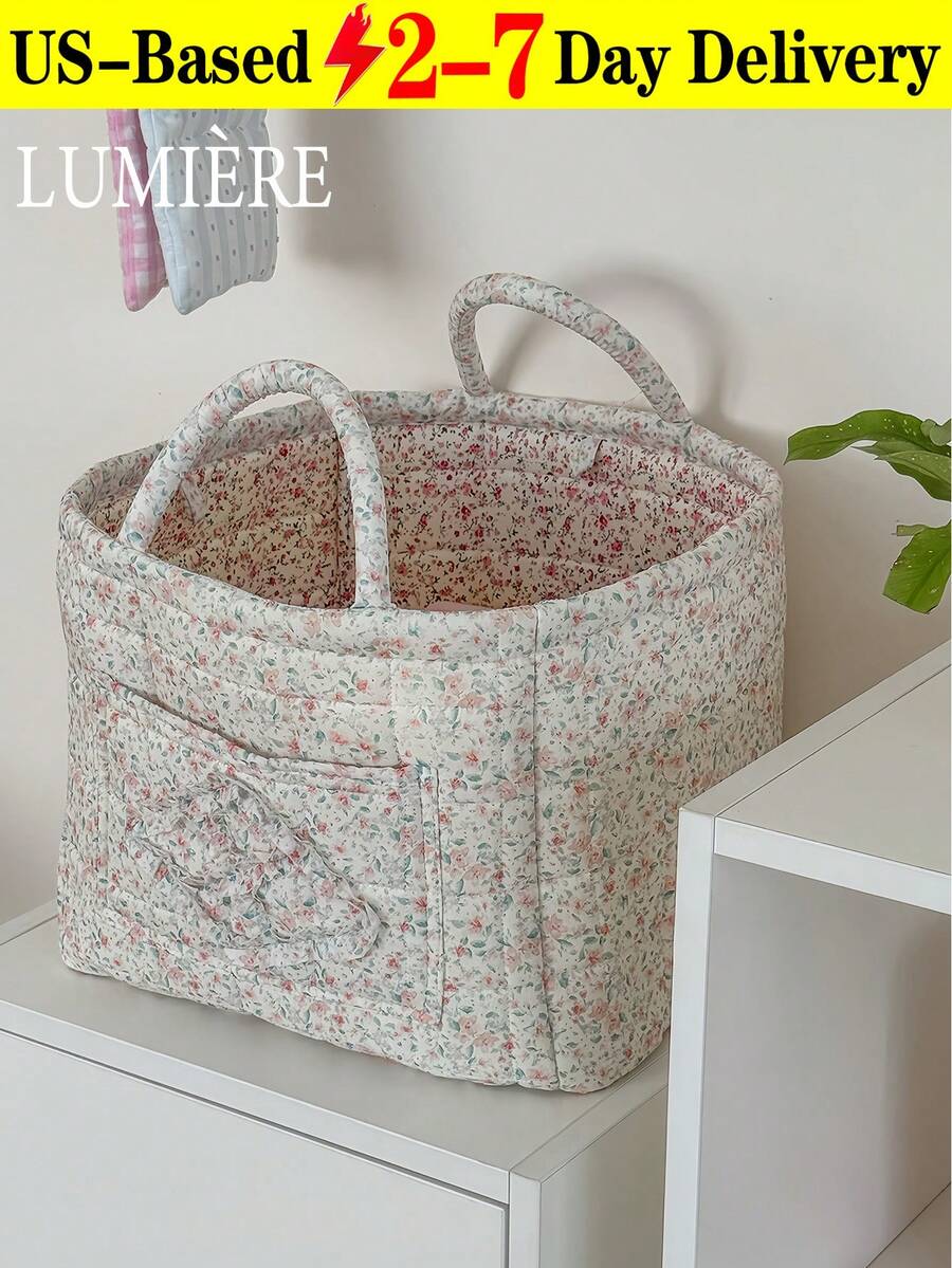1Pc Floral Print Quilted Storage Basket Laundry Basket Large Capacity Portable Storage Bag Foldable Snack Basket With Handle For Women And Girls Cosmetic Storage Basket Toy Storage Basket Skincare Storage Basket Women Makeup Storage Multifunctional Storage Basket Cosmetic Organizer Home Decor Livingroom Bedroom Decor Bathroom Decor - 彩色 - 查看 1