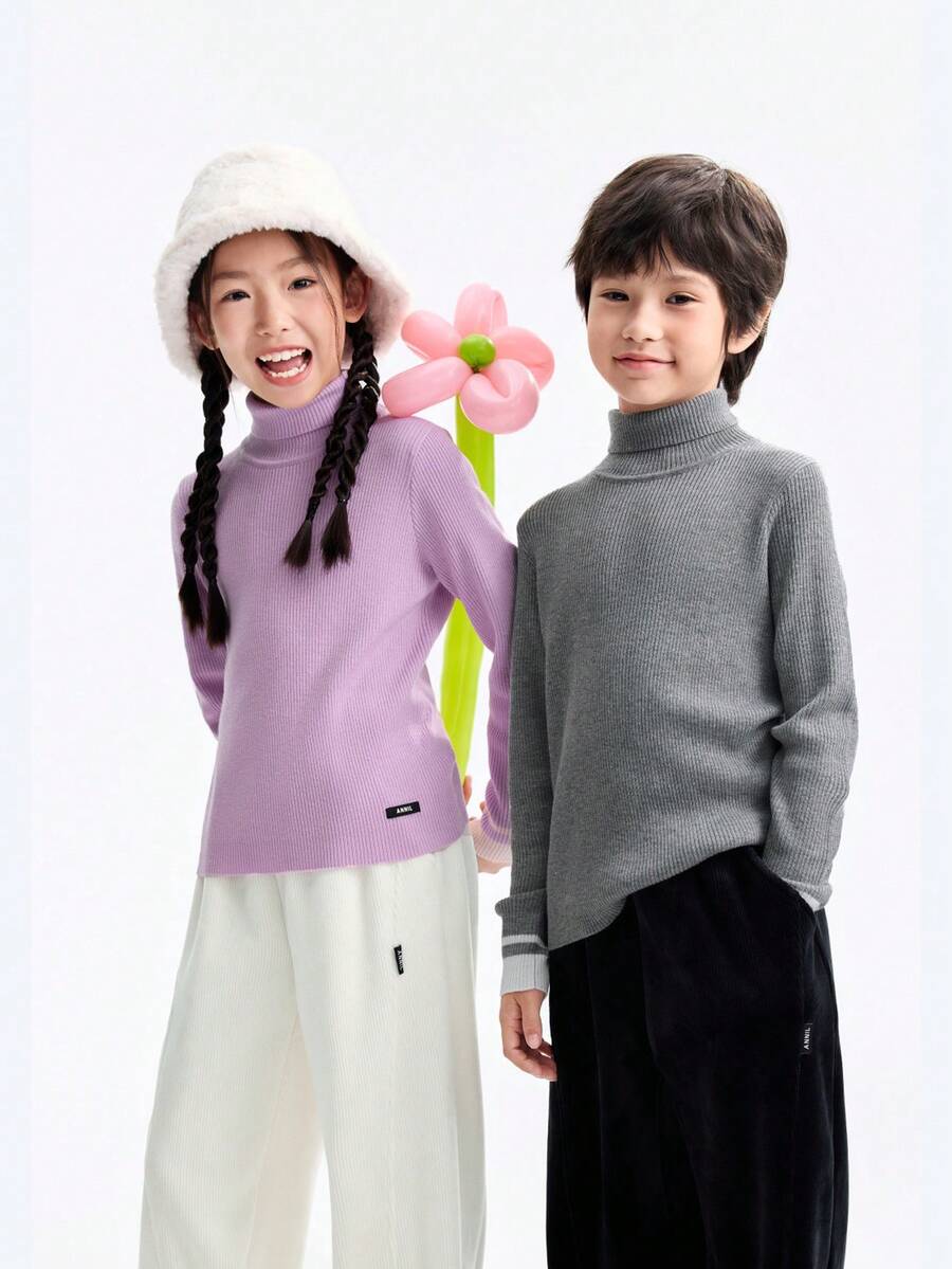 Annil Children's Clothing - Boys' And Girls' High-Neck Long-Sleeved Pullover Sweaters Made Of Knitted Wool, Providing Winter Warmth And Elasticity With Cotton Content. - Golden Bell Powder - View 1