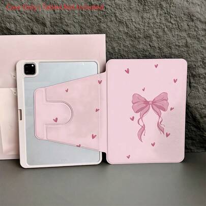 A Pastel Pink Bow & Heart Tablet Case With Rotating Stand - Shockproof Cover, Sweet Girly Aesthetic Protective Tablet Case With Pen Holder Compatible With 10.9/10.2/ Air 5th Gen/Pro11/10th/9.7/Air 2/ (7th Gen)/ (8th Gen)/ Air 4/5/ Pro 11/ 10th Generation 10.9-Inch 2022 Smart Case/ Air 13(M3 2025)/ Air 11(M3 2025)/ Air 11(M3 2025)/ 11(A16 2025)/ Auto Sleep/Wake Function/Stylish Tablet Accessories