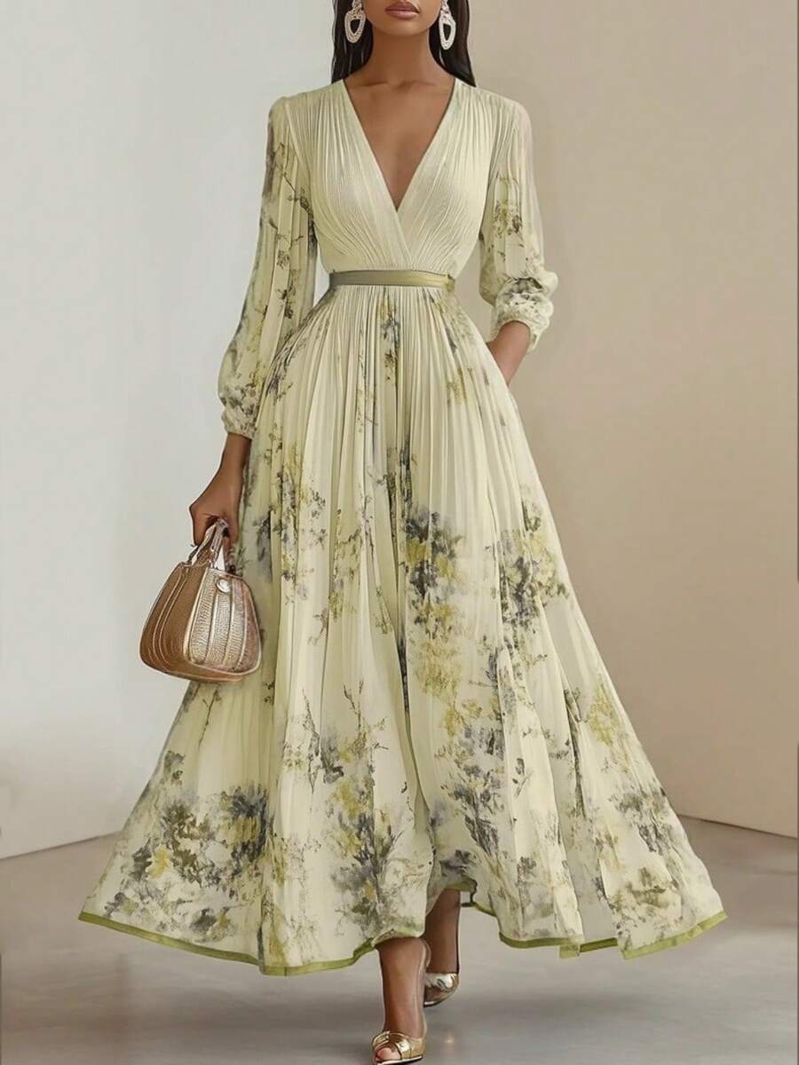 Long Printed Holiday Elegant Intellectual Style Dress - 黃色 - 查看 1