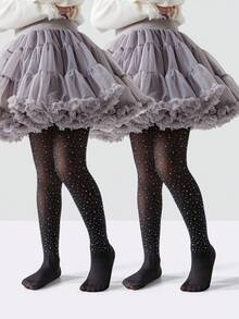 1pc Girls' Black Rhinestone Fashionable Casual Lightweight Breathable Leggings, Versatile For Daily Wear/Holiday Gift - Black - View 1