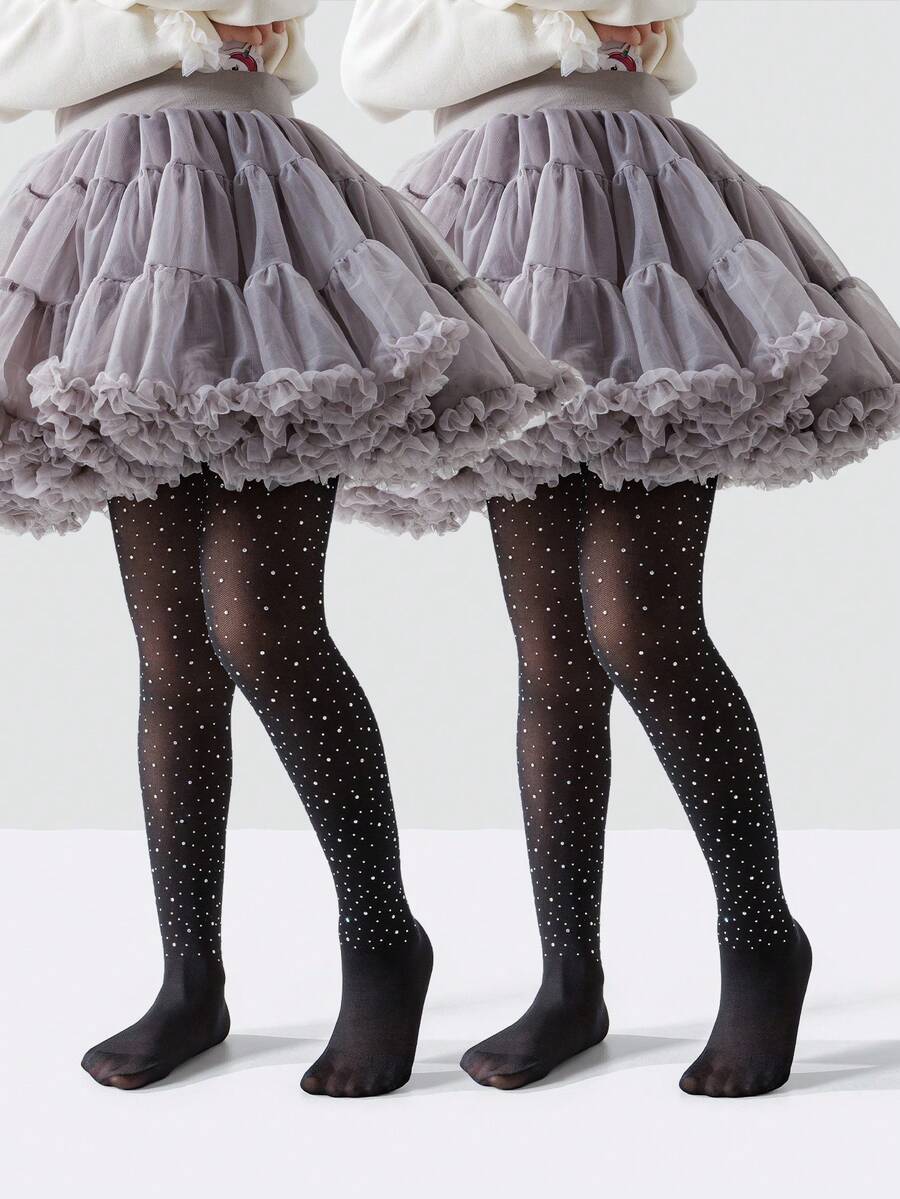 1pc Girls' Black Rhinestone Fashionable Casual Lightweight Breathable Leggings, Versatile For Daily Wear/Holiday Gift - Black - View 1