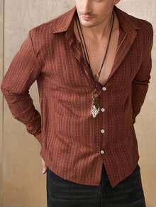 WAIT HIM Men's Striped Single-Breasted Casual Long Sleeve Shirt - Redwood - View 9