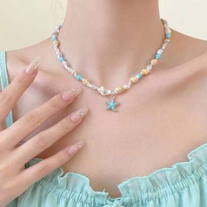 1 chiếc vòng cổ phong cách Bohemian hình sao biển, vỏ sò và ngọc lam dành cho kỳ nghỉ