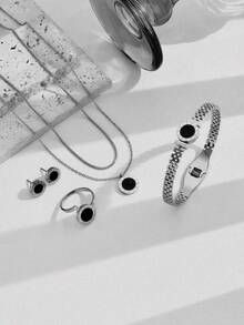 5 piezas Conjunto de joyería de acero inoxidable - Collar de piedra negra romana, pulsera tipo Gran Muralla, anillo abierto de rhinestone, aretes, uso diario para mujeres - Collar romano de concha negra + pulsera + anillo + pendientes - Ver 8