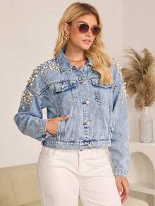 Sweet Cool Style Washed Vintage Women's Denim Jacket Loose Fit For Spring Autumn Layering - 淺色水洗藍 - 查看 5
