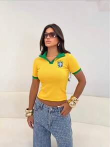 Polo Shirt For Brazil With Embroidered : Sophistication And Fan Support In One Piece, Premium Comfort To Shine Anywhere! Contrasting Waistband. School/Vacation. - Màu vàng - Xem 2