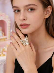 1 Peça Anel Único com Formato de Borboleta Incrustado com Zircônia Cúbica para Adolescentes, Presente de Aniversário e Festival, Decoração Diária, Joias de Cobre - Borboleta - Visão 3