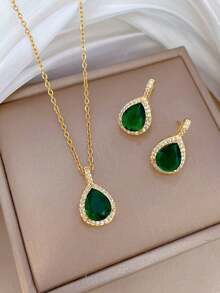 1 Set Elegant French Vintage Luxury Rhinestone Geometric Water Drop Necklace & Stud Earrings Jewelry Set, Suitable For Girls' Daily And Holiday Wear - Green - View 4
