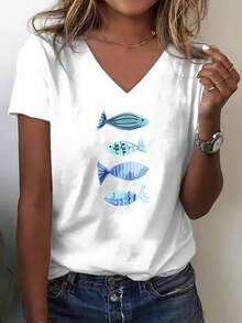 2026 V Neck T Shirt White Fish Pattern Summer Casual Wear - 白色 - 查看 1
