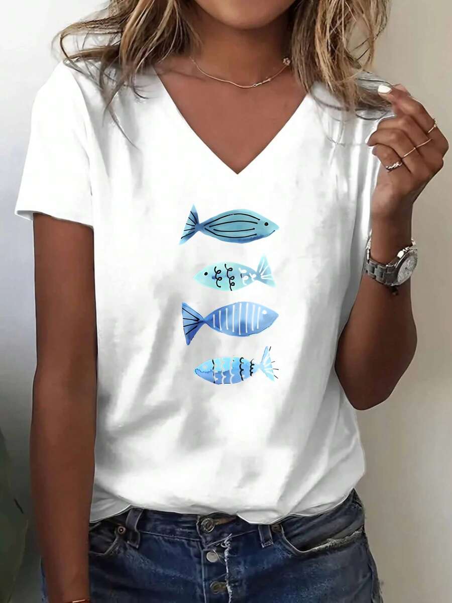 2026 V Neck T Shirt White Fish Pattern Summer Casual Wear - 白色 - 查看 1