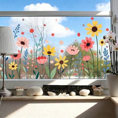 2 Stück abnehmbare Fensteraufkleber mit rosa gelben Blumen, grünen Blättern und roten Punktmustern, matte PVC Statik-Haftfolie geeignet für Glastüren/Fenster, Landhausstil Dekoration, einfach anzubringen und rückstandsfrei zu entfernen, geeignet für Ostern und Frühlingsmotive