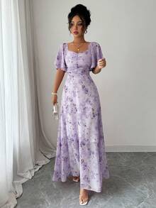 Summer Butterfly Print Mini Dress - Women's Chiffon Pleated Hem French Sweet Style - 淡紫色 - 查看 4
