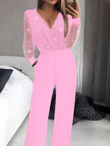 Women's Sexy Black Sequin Mesh Jumpsuit With Deep V-Neck Pink Elegant - Pink - View 6