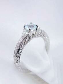 1枚流行女士时尚优雅休闲海蓝宝石锆石铜戒指，婚礼订婚派对珠宝礼物 - 銀色 - 查看 6