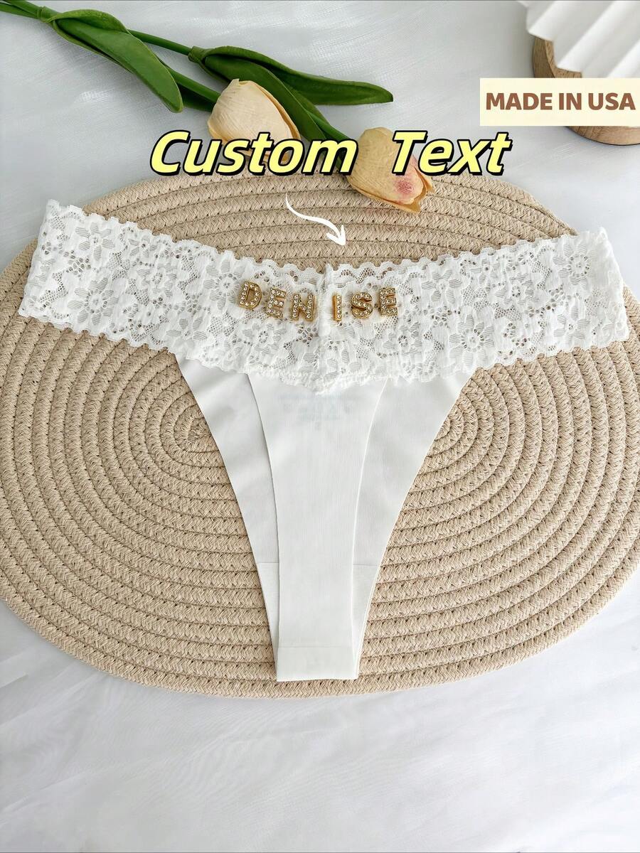 Customized Name Sparkling Crystal Alphabet Thong, Personalized Low-Waist Underwear, Sexy Lace Flower Heart Shaped Love Crystal Pattern, Breathable Ice Sliky Fiber Fabric Triangle Panties, Single Party Personalized Gift, Bride Wedding Customized Underwear, Couples Customized Gift, Personalized Gift For Girlfriend/Wife/Lover's Anniversary/Valentine's Day/Birthday/Marriage/Bedroom/Holiday - trắng - Xem 1