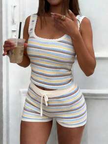 Summer Striped Casual Knit 2 Pieces Set, Square Neck Cropped Tank Top, Suitable For Vacation & Outings - Multicolor - View 9