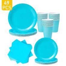 Light Blue Disposable Plates, Napkins, Cups - 8 Guest Party Supplies Set, Suitable For Birthday, Wedding, Theme Party, Family Picnic - Multicolor - View 1
