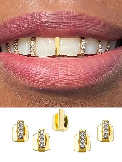 1 Set Of 3pcs/5pcs Smooth Vertical Stripe Rhinestone Metal Shiny Hip Hop Tooth Grillz, Unisex Fashion Party Clubbing Accessories