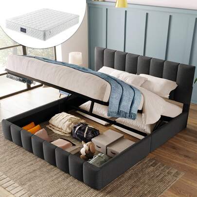 Hydraulic Upholstered Double Bed, Dimensions 140x200 Cm. Adjustable Headboard With Metal Frame. Linen Material, With Storage Space. Grey (With Mattress)