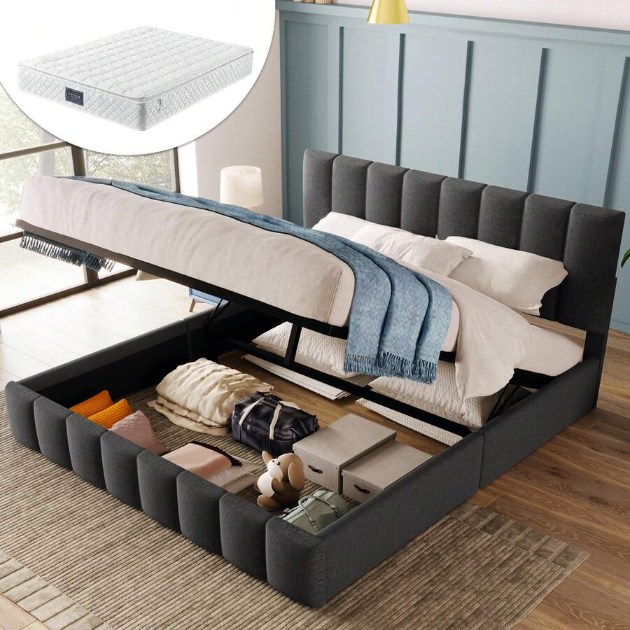 Hydraulic Upholstered Double Bed, Dimensions 140x200 Cm. Adjustable Headboard With Metal Frame. Linen Material, With Storage Space. Grey (With Mattress) - Grey - View 1